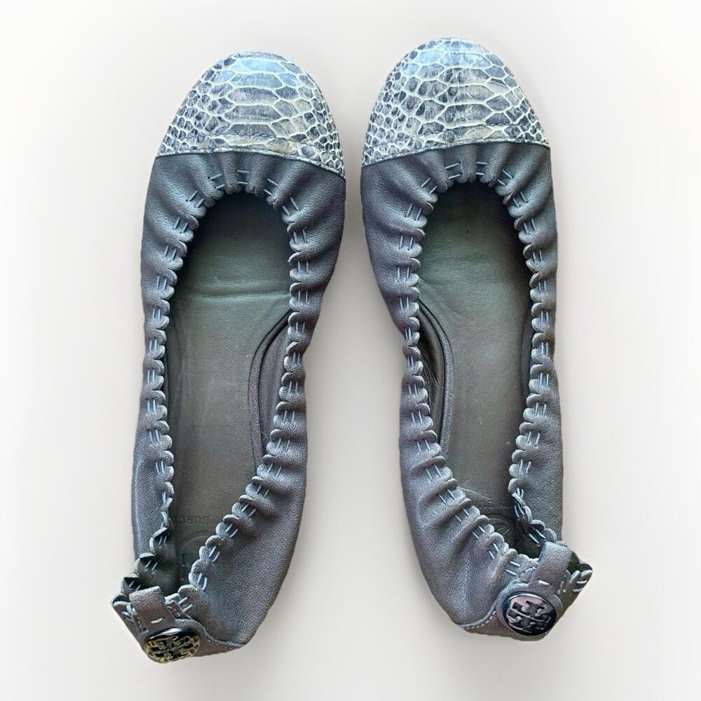 TORY BURCH Leather Snakeskin Ballet Flat Slip-On Shoe Grey Gunmetal Logo WMNS 9 - Picture 3 of 14